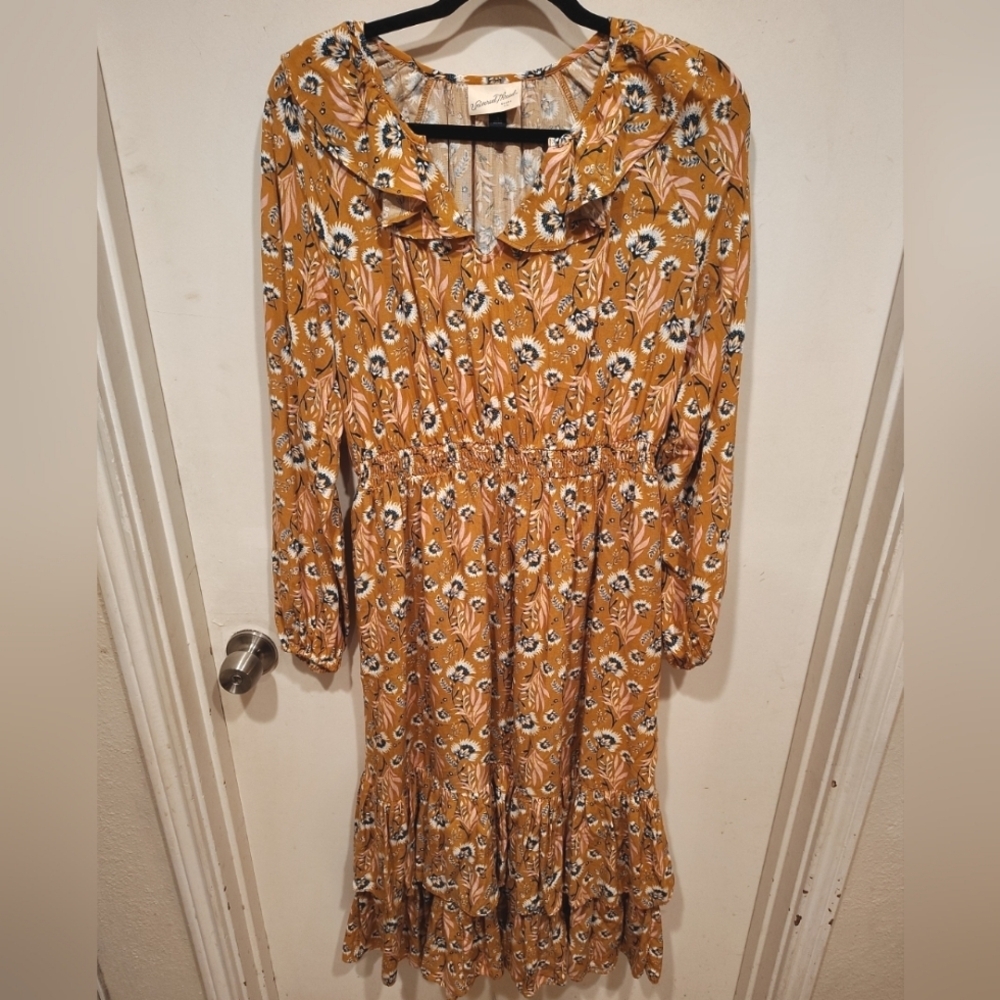 Universal Thread Yellow Floral Balloon Sleeve Tiered Ruffle Hem Midi Dress Sz S